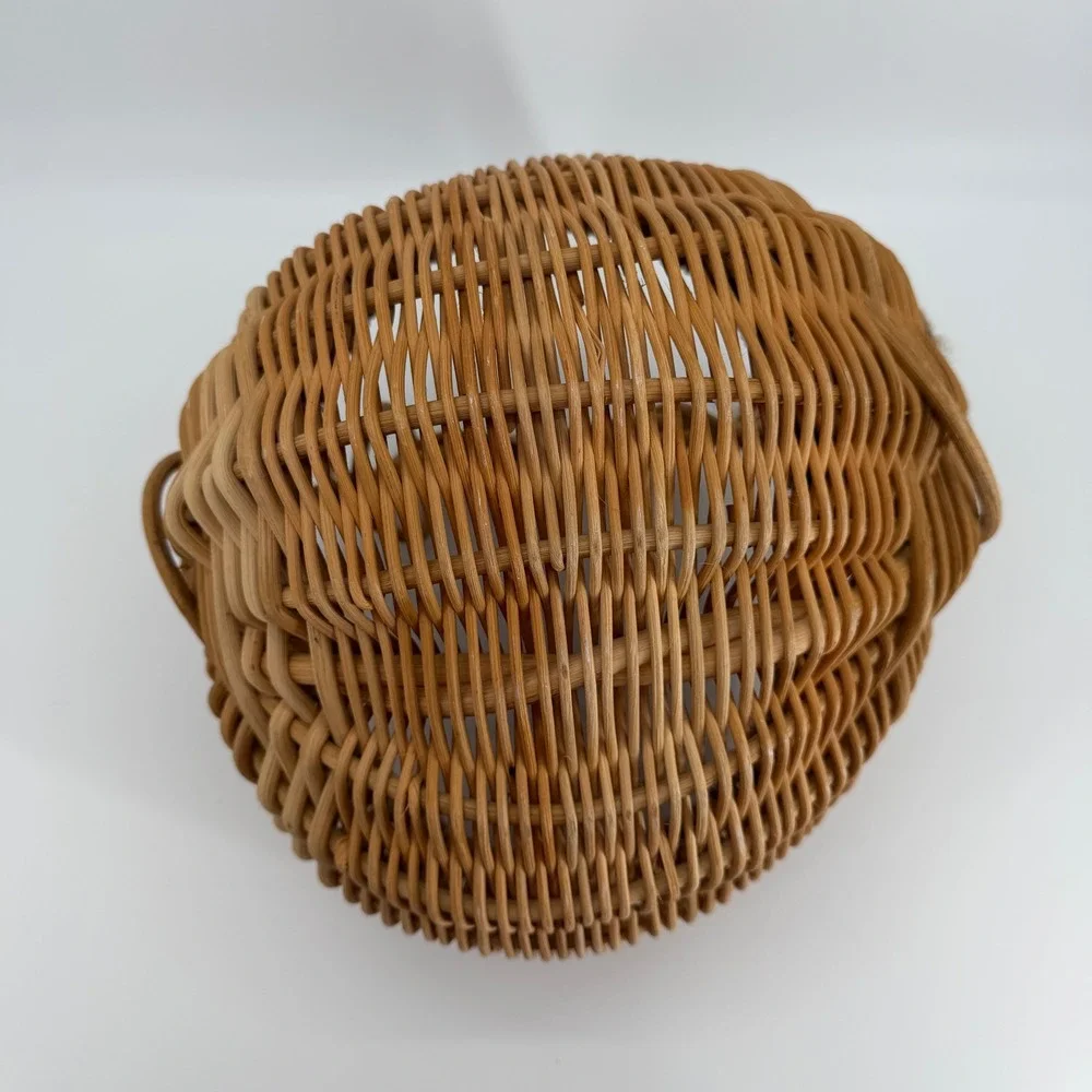 Vintage Woven Rattan Wicker Basket Twisted Handle Beaded Tassel Cottage Boho